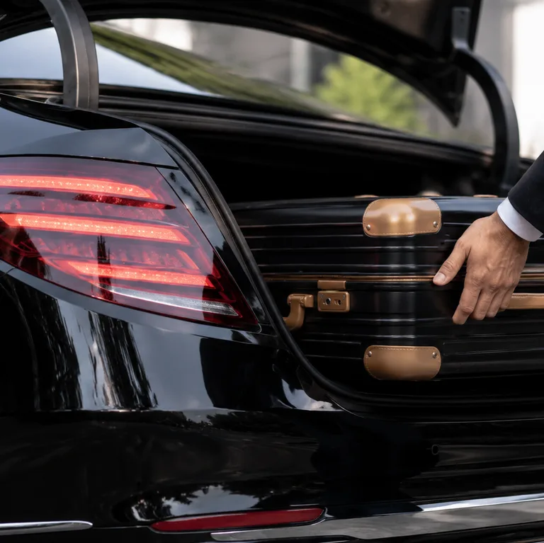 Koffer wird in den Kofferraum einer schwarzen Limousine geladen