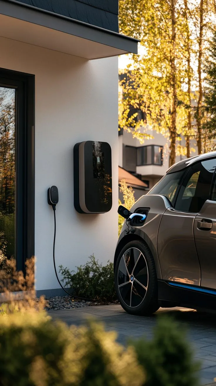 Elektroauto an einer Wallbox am Haus.