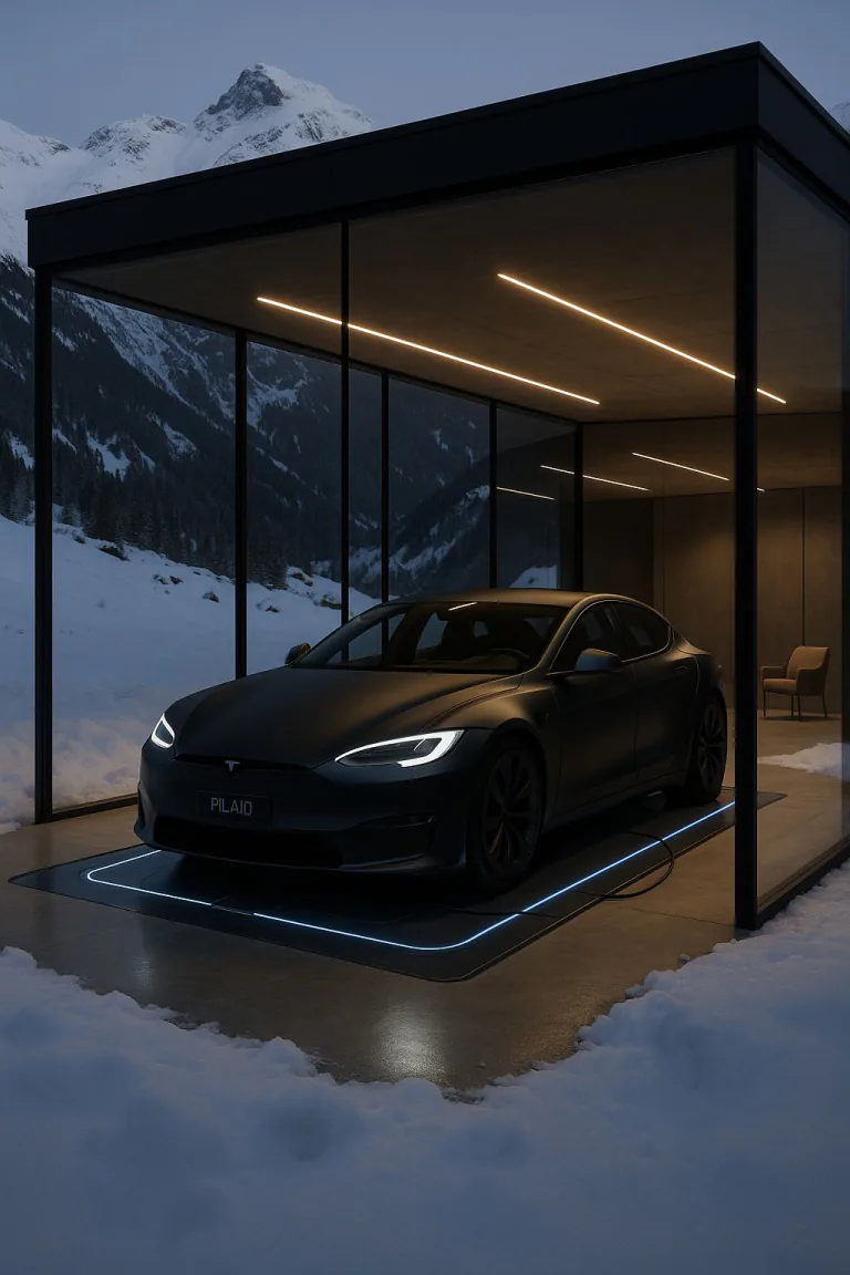 Illustratives Motiv: Tesla vor einer verschneiten Bergkulisse.