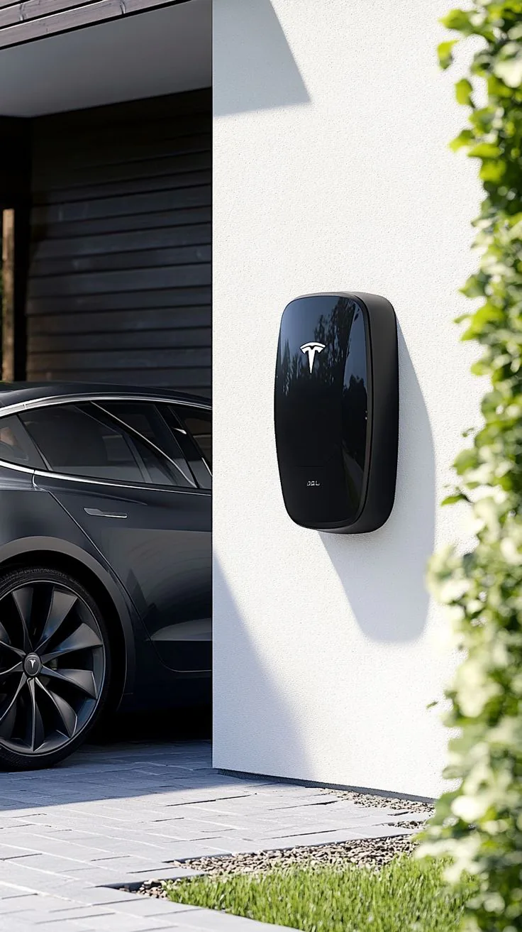 Schwarze Tesla-Wallbox an einer Hauswand neben einem dunklen Elektroauto.
