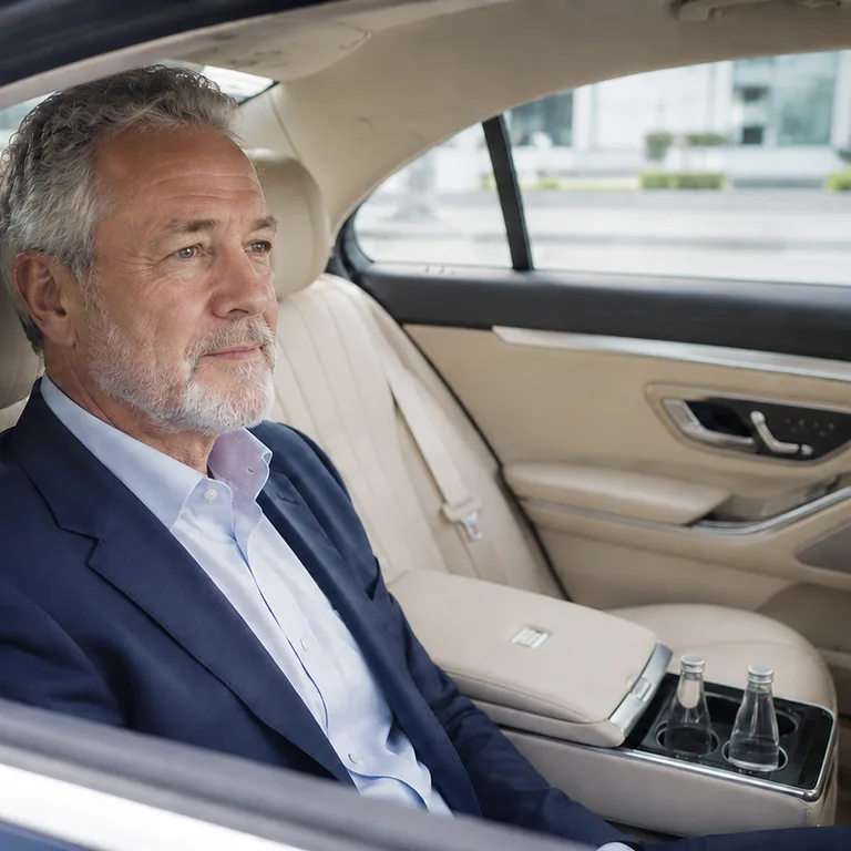 Geschäftsreisender im Fond eines Premium-Fahrzeugs