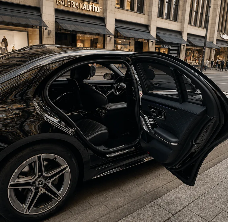 Offene Fondtür einer schwarzen Limousine in der Innenstadt
